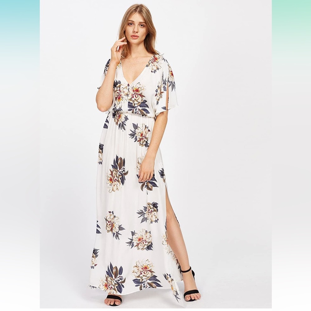 Boho Floral Maxi Dress Long with Side Slits